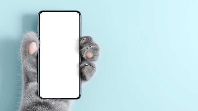 Cat paw holding smartphone with blank white screen on pale blue background, mobile app mockup concept, cute pet technology, digital communication, social media, online service and