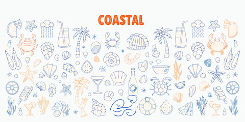 Coastal Theme Line Drawing Seashells Starfish And Beach Elements © Minati