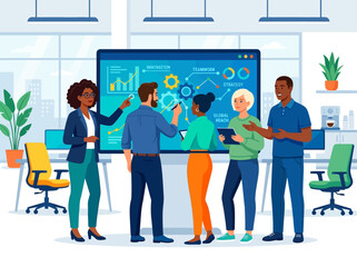 Diverse Business Team Collaborating on Strategy and Innovation with Digital Data Dashboard in Modern Office © Micilupin