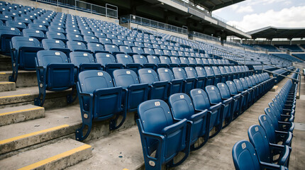 Naklejka premium Rows of blue football stadium seats sit empty and quiet. Concrete steps lead to higher seating levels. Weathered metal and plastic show signs of use. No people fill the vast, open space
