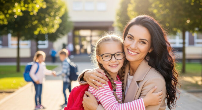 Mother and daughter embrace outside school building, children playing in background, trees lining the walkway, bright sunlight illuminating scene