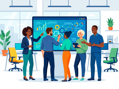 Diverse Business Team Collaborating on Strategy and Innovation with Digital Data Dashboard in Modern Office