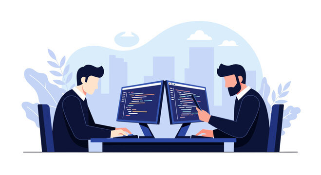 Two Professional Programmers Coding Together in a Modern Office