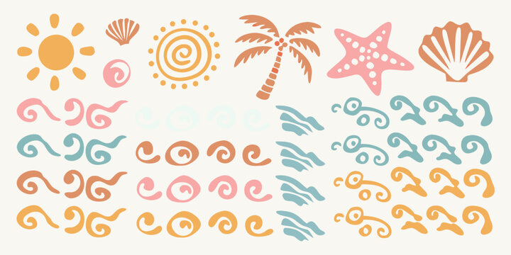 Beach Elements Pattern Featuring Seashells Sun Palm And Waves