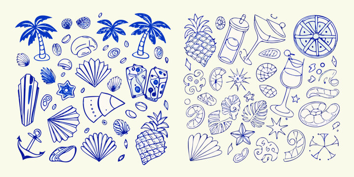 Tropical Beach Elements Blue Line Art Illustration