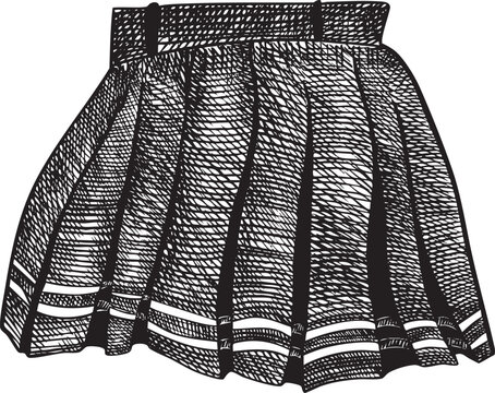 Minimalist black line vector illustration of a pleated skirt with a mesh-like texture, isolated on a clean light background. The design highlights geometric structure, transparency effect, and stylize
