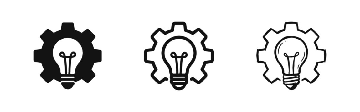 Light Bulb Inside Gear Icons Representing Innovation, Technical Ideas, and Creative Problem Solving