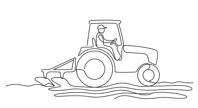 Tractor driver plowing field with plow in minimalist line drawing  