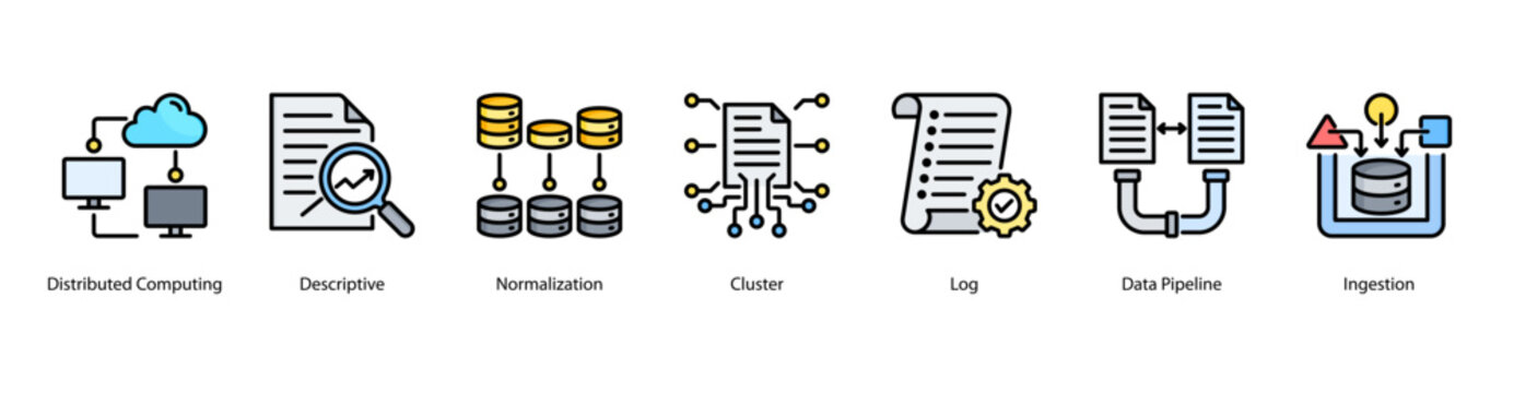 Data Processing web banner icon vector illustration featuring Distributed Computing, Descriptive, Normalization, Cluster, Log, Data Pipeline, and Ingestion.