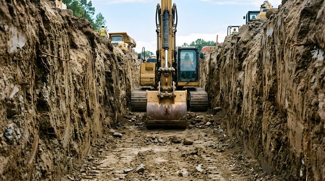 Excavator digging trench construction site heavy equipment large industrial earthmoving machinery.