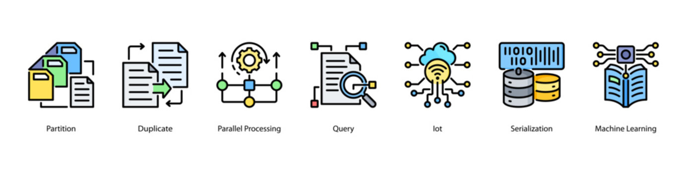 Intelligent Data web banner icon vector illustration featuring Partition, Duplicate, Parallel Processing, Query, IoT, Serialization, and Machine Learning.