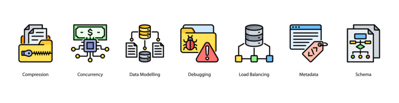 Data Architecture web banner icon vector illustration featuring Compression, Concurrency, Data Modelling, Debugging, Load Balancing, Metadata, and Schema.