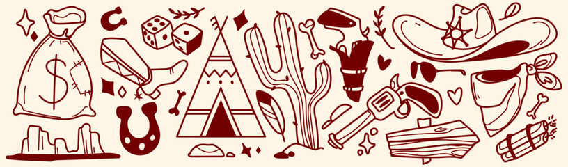 Doodle set of western cowboy and indian elements. Vector set of vintage horseshoe, sheriff hat, boot, money sack icons, wigwam, cactus, grand canyon outline, hand drawn sketch country design pattern © klyaksun