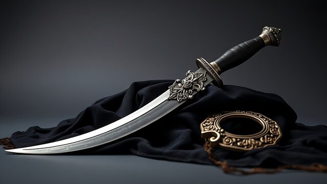 kirpan. Ornate ceremonial kirpan displayed with kara and kanga on velvet. event programs, museum guides, cultural reports, designed for cultural heritage projects and event programs, used by chefs.