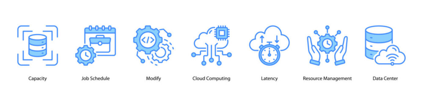 Cloud Resources web banner icon vector illustration featuring Capacity, Job Schedule, Modify, Cloud Computing, Latency, Resource Management, and Data Center.