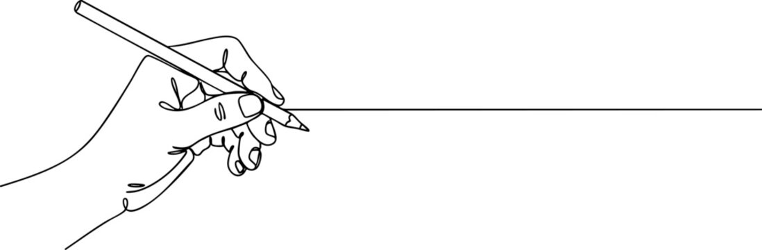 Human hand holding pencil drawing straight line in continuous one line art style.
