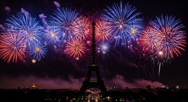 Bastille Day Celebration Wallpaper: Silhouette of Eiffel Tower Under Colorful Fireworks Display in Paris Night Sky, French National Day Background