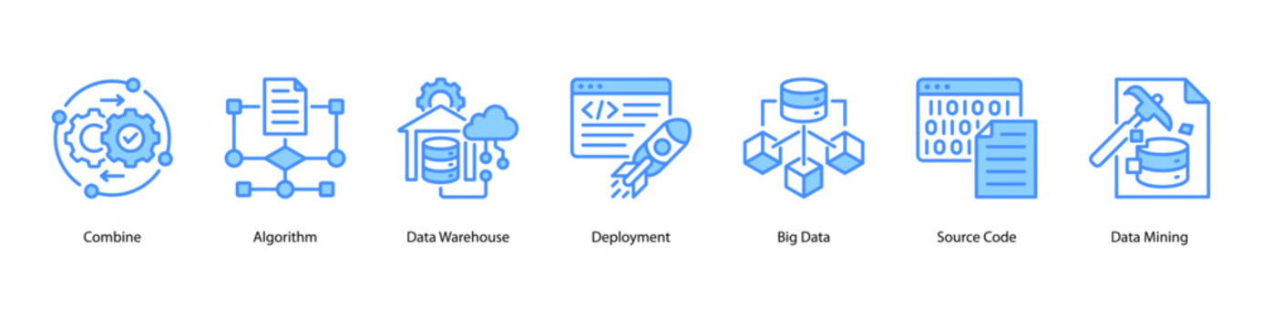 Data Systems web banner icon vector illustration featuring Combine, Algorithm, Data Warehouse, Deployment, Big Data, Source Code, and Data Mining.