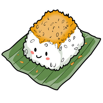 Cute ketan bintul character illustration, traditional Indonesian savory sticky rice with spiced grated coconut serundeng on banana leaf icon