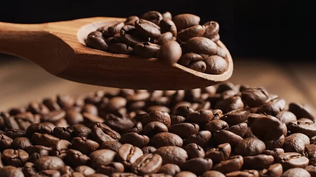 Closeup of Roasted Coffee Beans on a Wooden Spoon.