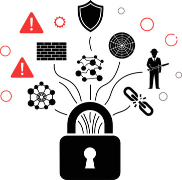 Cybersecurity concept with lock and digital security icons.