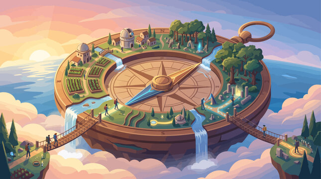 A concept illustration of a business clock and money wheel over a time lapse clouds sky design in the city park vector symbolA concept illustration of a business clock and money wheel over a time laps