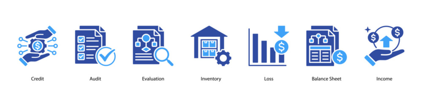 Accounting Essentials web banner icon vector illustration featuring Credit, Audit, Evaluation, Inventory, Loss, Balance Sheet, and Income.