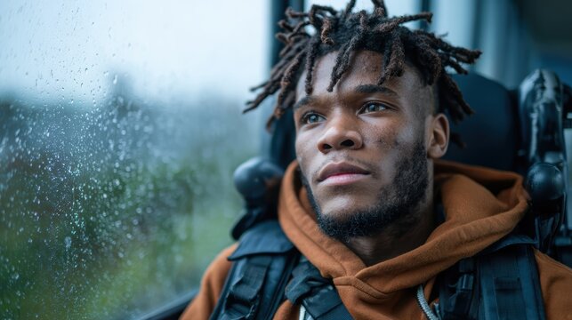 A thoughtful young man with dreadlocks stares out a rain-soaked window, reflecting on life as he rides on a bus in a moment of introspection and tranquility during a rainy day.