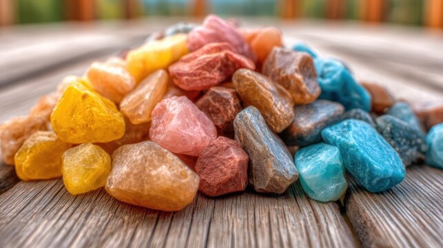 A colorful assortment of polished stones and gemstones arranged together on a wooden surface, highlighting their natural beauty and unique textures in a vibrant display.