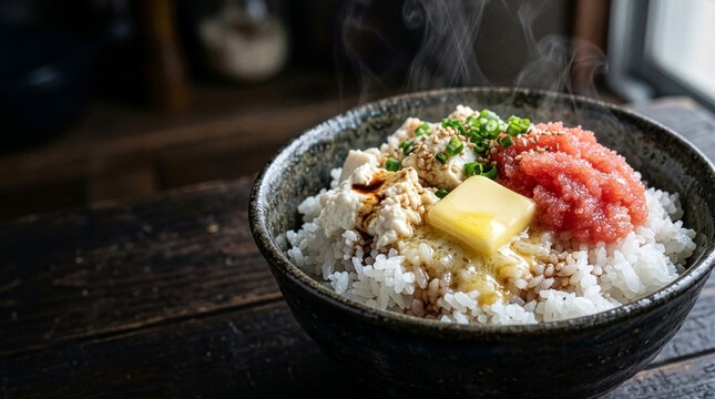 Cinematic Comfort Food: Macro Close-up of Mentaiko, Silken Tofu, and Melting Butter over Steaming Hot Rice