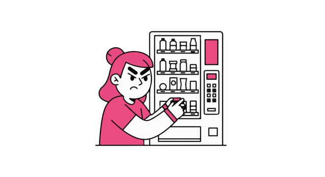 Cartoon character selecting items from vending machine.