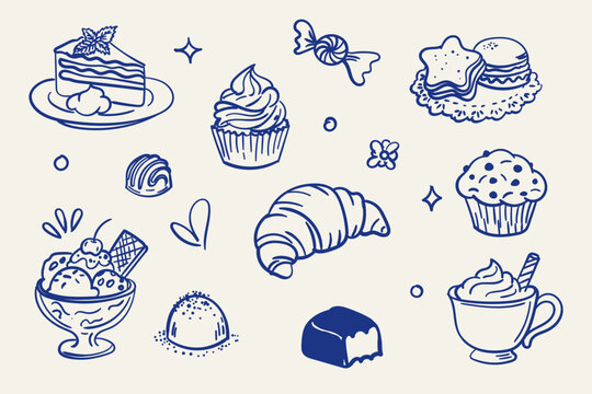 Hand drawn dessert doodle set. Cute sweet food element collection with cake, cupcake, croissant, ice cream and berry bowl