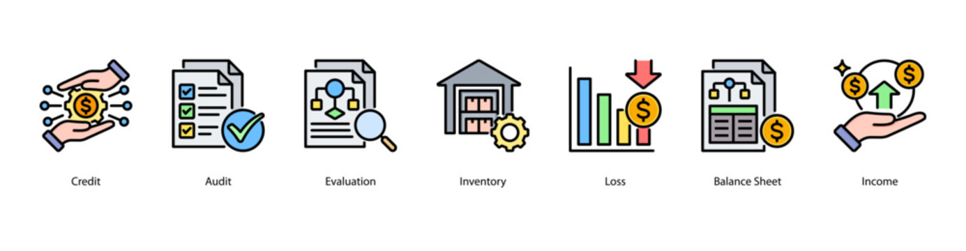Accounting Essentials web banner icon vector illustration featuring Credit, Audit, Evaluation, Inventory, Loss, Balance Sheet, and Income.