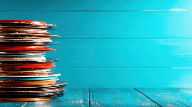 A colorful stack of vinyl records contrasts against a vivid blue background, showcasing the nostalgic and artistic essence of music, culture, and the joy of collecting records.