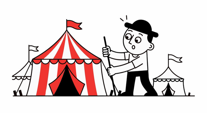 Cartoon Circus Ringmaster Standing Near Big Top Tent.