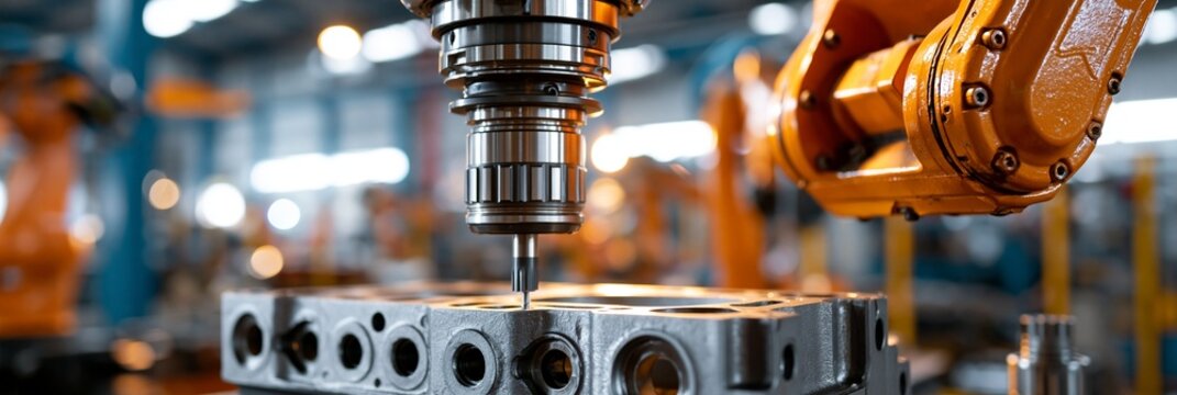 Medium shot showing cast iron rack and pinion housing being drilled with automated robotic arm highlighting heavyduty steering component manufacturing.