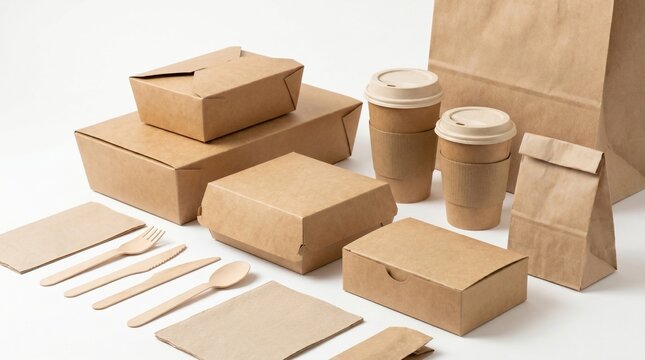 Paper food & drinks packaging mockups on white background