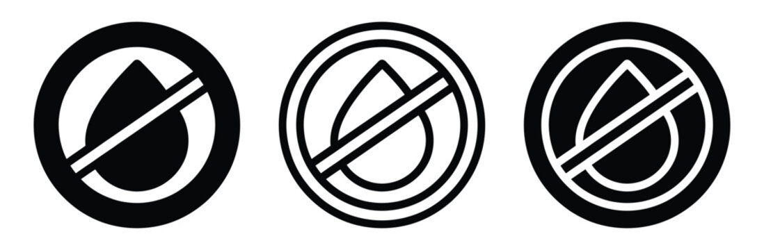 No Water Drop Icon Set in Black and White for Design Projects