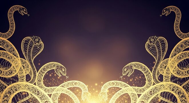 Elegant Nag Panchami Background Featuring Intricate Golden Serpent Patterns with a Soft Ethereal Glow for Hindu Festival Celebration and Spiritual Design