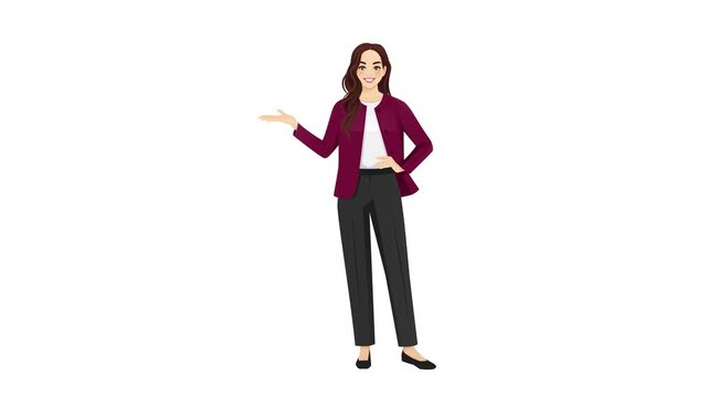 Loopable 2D vector animation of a businesswoman showing with her hand. Subtle swaying and blinking on a white background	