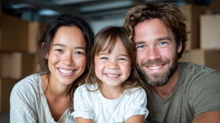 Fototapeta premium A joyful family of three shares a moment of pure happiness as they pose together indoors, highlighting love, togetherness, and the strong bonds that connect them in a heartwarming atmosphere.