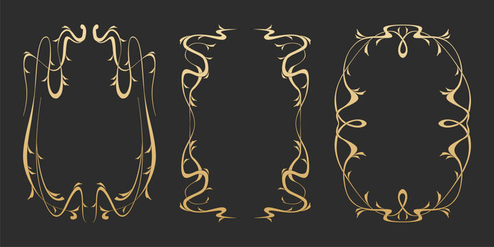 Vintage art nouveau gold frames, ornate floral borders and elegant decorative pattern, vector set isolated on background, Curvy vine design templates, cards with botanical motif, filigree swirl banner