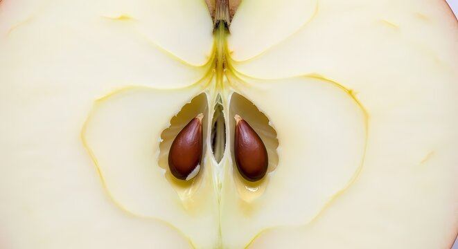 Close-up view of a red cut in half, revealing the core and brown seeds