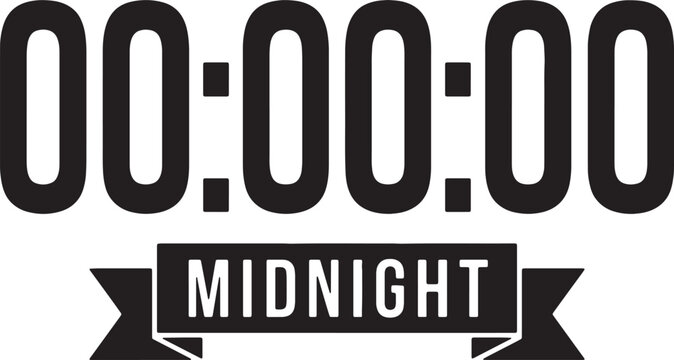 Midnight clock display with banner, 00:00:00 hours isolated on Transparent Background