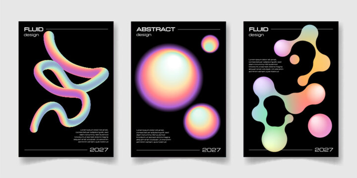 Modern brutalist posters with abstract gradient pattern, neon geometric shapes and dynamic effect. Minimalist cover template with fluid metaball forms and bold graphic elements for contemporary design