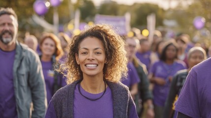 Fototapeta premium A group of smiling people walks together wearing purple clothing. They show support for a cause. The atmosphere is joyful and united. This image captures community spirit. AI