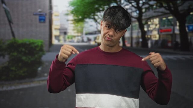 Young hispanic man points both index fingers down at maroon sweatshirt, visible hands and puzzled face on a city street with storefronts; playful confidence.