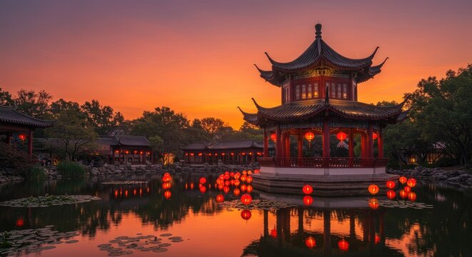 Pavilh&atilde;o tradicional asi&aacute;tico ao p&ocirc;r do sol, refletido em &aacute;guas calmas.