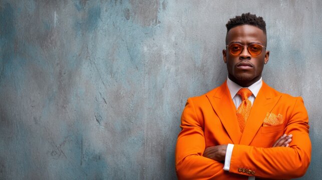 A striking portrait of a confident man dressed in a bold orange suit and sunglasses, embodying style, power, and charisma against a textured backdrop, showcasing modern fashion.