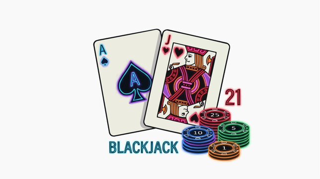 A vector graphic illustration of a blackjack game with cards and chips